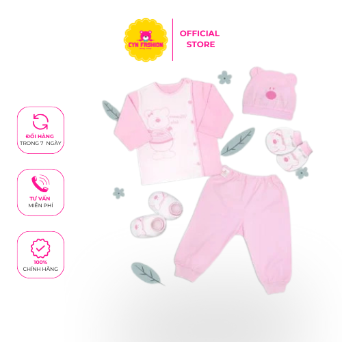 Set đồ sơ sinh dài 5 món Teddy hồng thời trang cho bé sơ sinh tại CYN Fashion