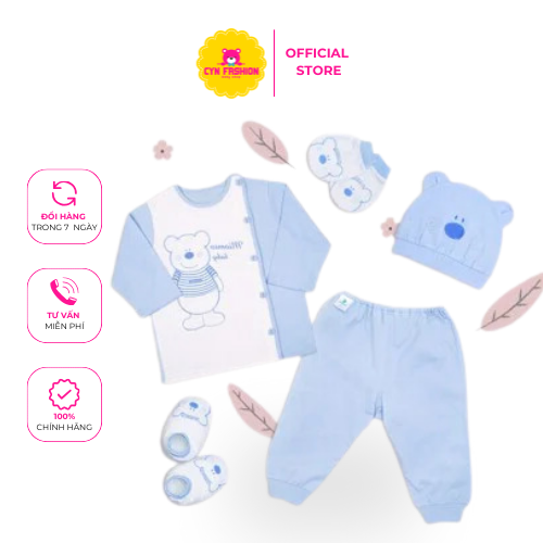 Set đồ sơ sinh dài 5 món Teddy xanh thời trang cho bé sơ sinh tại CYN Fashion